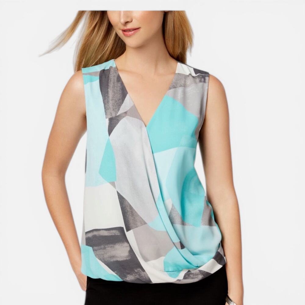 Alfani Sz MP Printed Top Faux Wrap Sleeveless Tear Shape Green Blue Colors  EUC